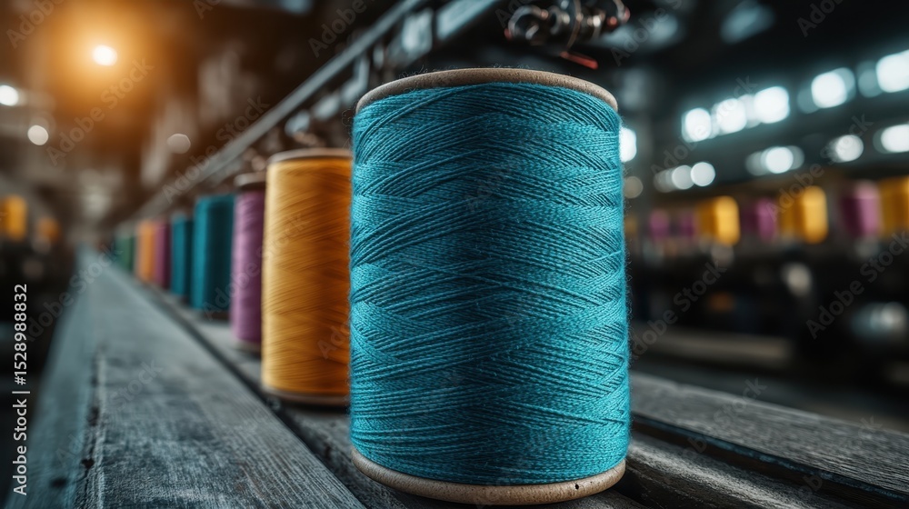 Aufkleber a vibrant display of spools of thread in various colors in an industrial textile workshop, emphasizi
