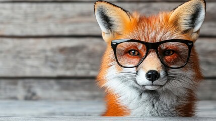 A charming image of a fox wearing glasses, set against a rustic wooden backdrop that enhances the whimsical and clever personality of this adorable animal.