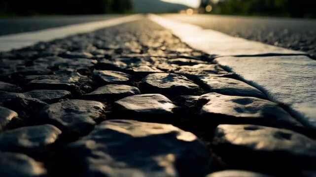 Road to Adventure: A close-up perspective reveals the rough texture of a cobblestone road, with a white line, hinting at the path ahead, while bathed in the warm glow of the setting sun.