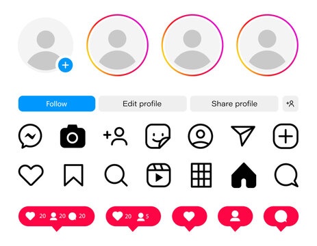 Instagram UI icons set. Isolated buttons, symbols, elements on white background. Social media interface icon app. Like, comment, follow, live, IGTV, shop, notification collection. Vector illustration