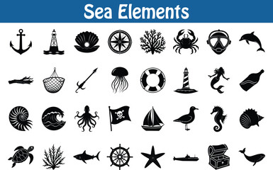 Set of 32 Sea elements. Dolphins, Lighthouses, Ships, Anchors, Sea Creatures, and Ocean Elements on transparent background