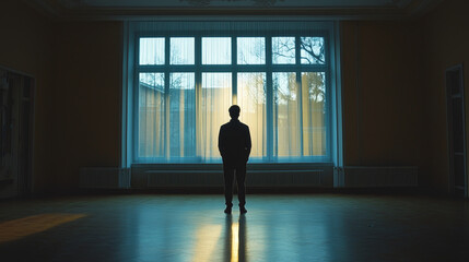 Obraz premium Solitary man standing in a spacious, empty room with a window behind him, evoking a sense of loneliness