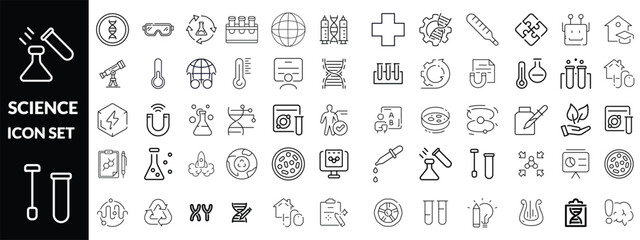 Science Icon set. Science and research line icons collection. Big UI icon set in a flat design. Thin outline icons pack. Vector illustration