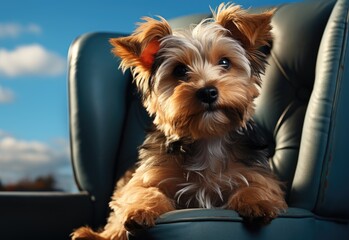 A charming Yorkshire Terrier sits comfortably on a blue chair, showing off its playful personality and adorable features under a bright blue sky backdrop.
