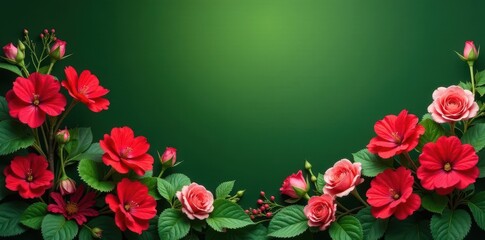 Lush green foliage with bright red geraniums, pink roses border , august, photo