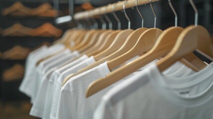A neat display of white t-shirts hung on wooden hangers, perfect for showcasing a minimalist clothing collection in a modern retail environment.