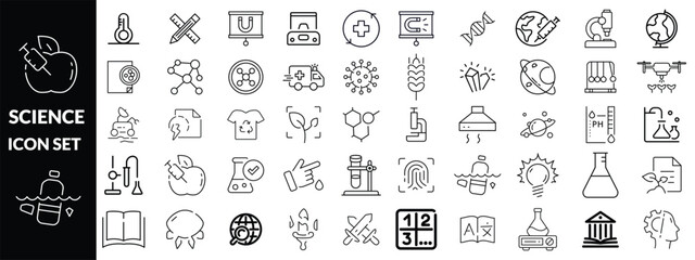 Science Icon set. Science and research line icons collection. Big UI icon set in a flat design. Thin outline icons pack. Vector illustration
