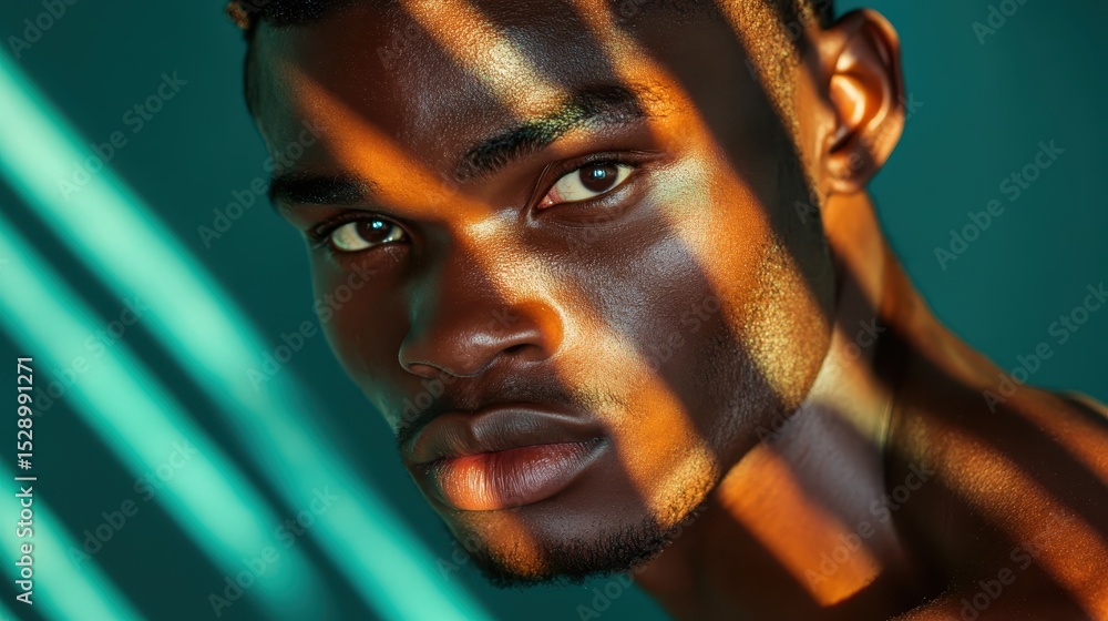 Aufkleber a captivating close-up portrait of a man that highlights intricate shadows cast across his face, emp