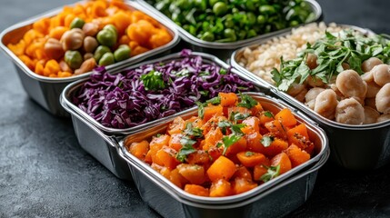 A vibrant array of fresh vegetables and grains beautifully arranged in metal trays, showcasing the appeal and richness of healthy eating in a contemporary culinary setting.