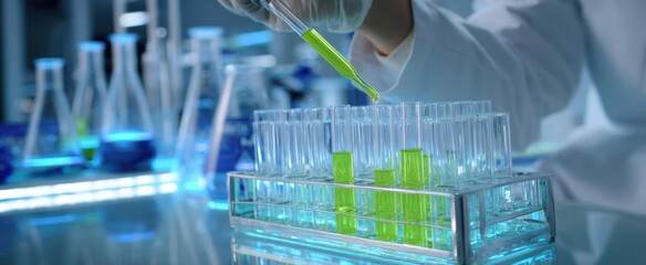 The scientist conducting an experiment with green liquid in test tubes.
