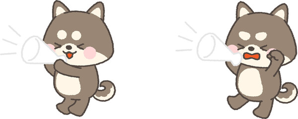 メガホンで応援する黒い柴犬　白組セット