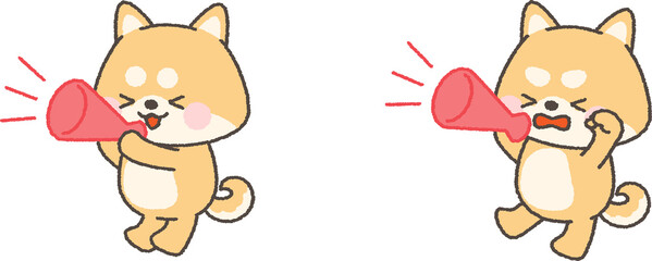 メガホンで応援する茶色の柴犬　赤組セット