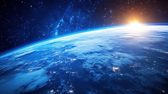 close up of earth's atmosphere layers with the ozone layer glowing in blue, labeled scientific diagram, ultraviolet radiation reflected above, cosmic space background