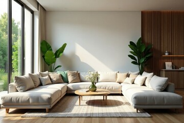 Modern living room, lush greenery, natural light, bright, apartment