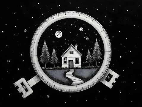 Symbolic Black and White Circular Key House with Night Sky, Trees, and Swirls, Representing Home Ownership and Dreams.