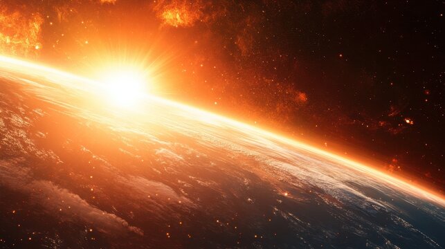 space scene showing the sun emitting uv rays while the ozone layer filters harmful radiation, earth glowing peacefully, cosmic science concept art