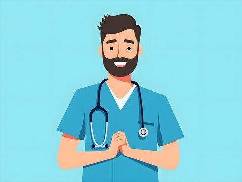 Medical professional in blue scrubs with a beard, flat design style showcasing healthcare dedication, art