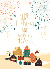 Fireworks above cartoon city. Vector christmas card
