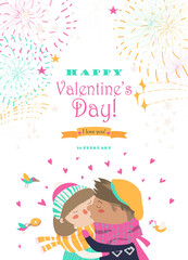 Valentines card with kissing couple and firework. Vector illustration
