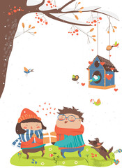 Boy gives a gift to the girl. Vector Valentines card