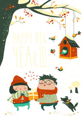 Boy gives a gift to the girl. Vector Christmas card