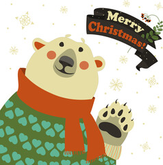 Polar bear says hello at vector greeting card
