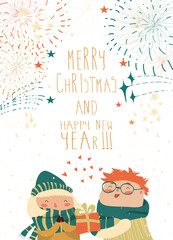 Boy gives a gift to the girl while fireworks in the sky. Vector Valentines card