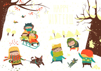 Vector illustration, cute kids playing winter games, card concept