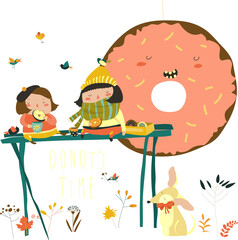 Cute girls enjoying tea time with donuts. Vector illustration