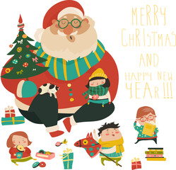 Cartoon Santa with kids. Vector greeting card