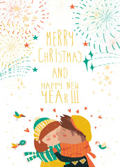 Cute card for lovely christmas with kissing couple and firework. Vector illustration