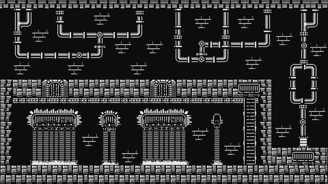 Pixel art game animation with water pipes, ladders and drainage system, with water flowing out of the drainage holes. Ideal for 2D platformer, game assets with black and white design, background.