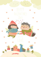 Stylish Valentines card in vector. Cute couple of angels flying above the houses