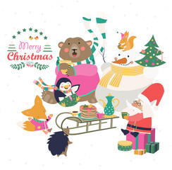 Cute animals celebrating Christmas. Vector greeting card