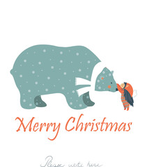 Vector greeting card, little angel and polar bear are celebrating Christmas