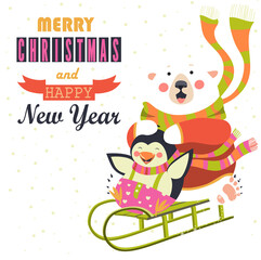 Frightened bear and happy penguin rolling down a hill on sleds. Vector greeting card