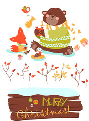 Cute bear and little fox celebrating Christmas. Vector greeting card