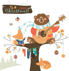 Cute bear and little fox celebrating Christmas. Vector greeting card