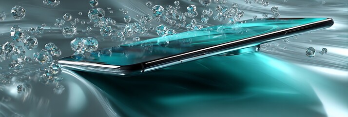 teal stylized wireless charger with crystalline energy waves sharp clean reflections conceptual product art for electronics