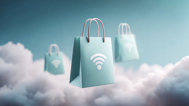 Floating shopping bags with WiFi symbols in dreamy sky background, representing online shopping and wireless connectivity