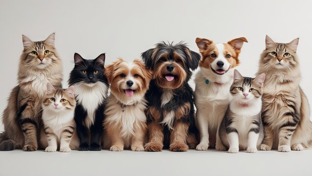 A banner featuring a group of cats and dogs on a white background, promoting a veterinary clinic or animal shelter.