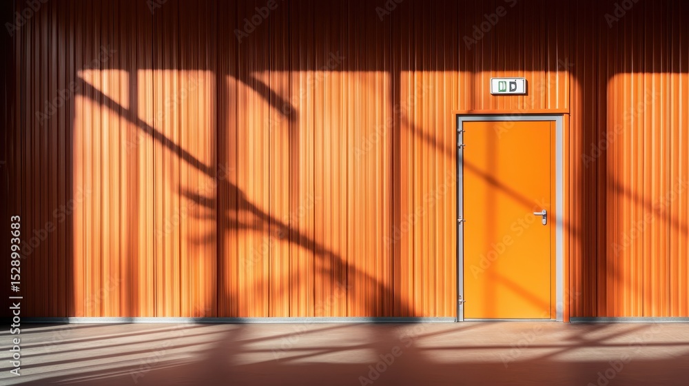Poster a striking orange wall featuring a door, casting intricate shadows in natural light, creating a visu