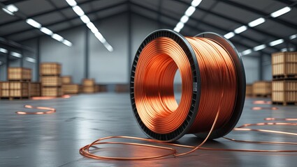 A large spool of orange copper wire sits in a brightly lit warehouse