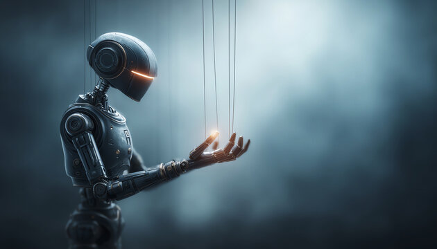 Futuristic robot holding glowing strings in mysterious atmosphere, advanced technology concept with dramatic lighting