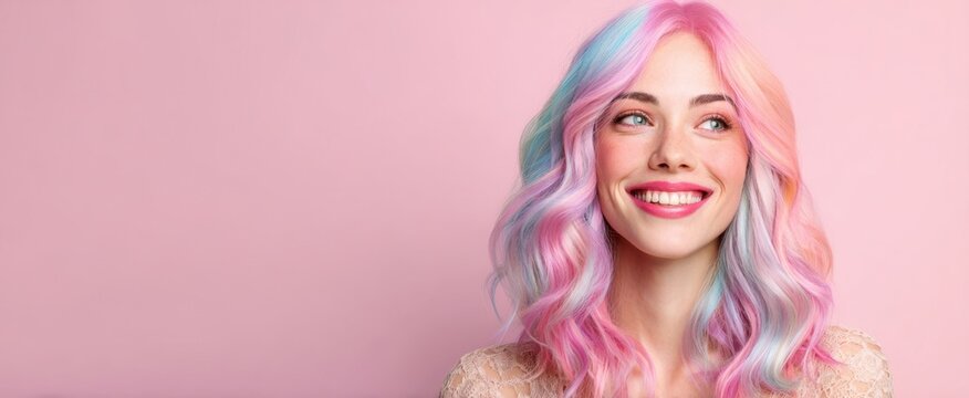 The vibrant woman with pastel hair radiating joy and confidence against a pink backdrop.