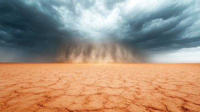 A dramatic view of a dark, imposing storm cloud looming over a vast desert landscape, highlighting the intense sandfall and stark earth colors that create a powerful scene.
