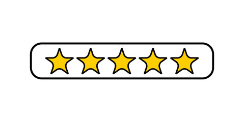  Vector design of a full 5-star rating with all yellow stars inside a rounded border. Perfect for representing maximum satisfaction or top-rated service in user interfaces or reviews.