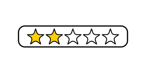 Simple star rating graphic with 2 filled stars and 3 empty ones, enclosed in a rounded border. Suitable for indicating room for improvement in feedback visuals.