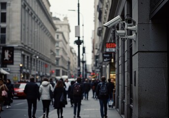 Surveillance cameras watch over bustling city street during the afternoon rush hour Generative AI