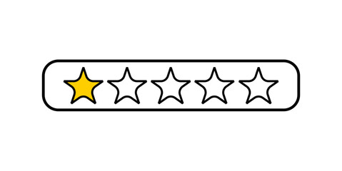Vector icon showing 1 yellow star and 4 empty stars. Used for low reviews, negative feedback, or poor service indicators in apps or websites.